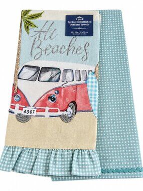 Red Hippie Red Bus Kitchen Dish Towels Set of 2 Embroidered Ruffle Blue Check